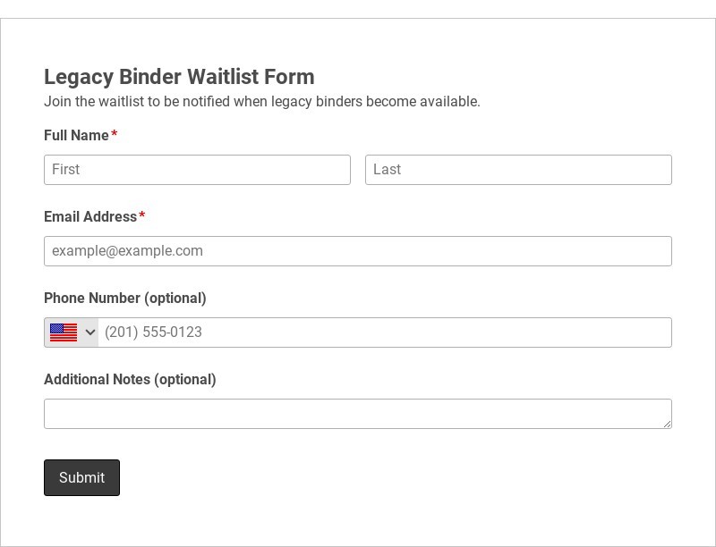 Legacy Binder Waitlist Form Template form template