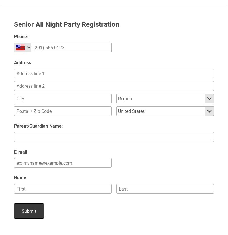 Senior All Night Party Registration Form Template