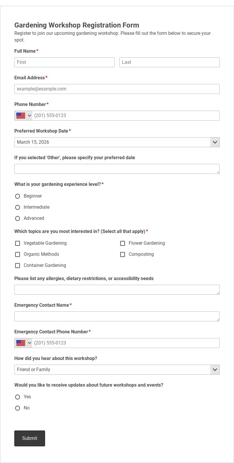Gardening Workshop Registration Form Template form template