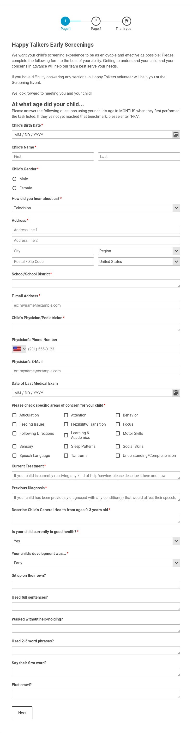 Child Screening Registration Form Template