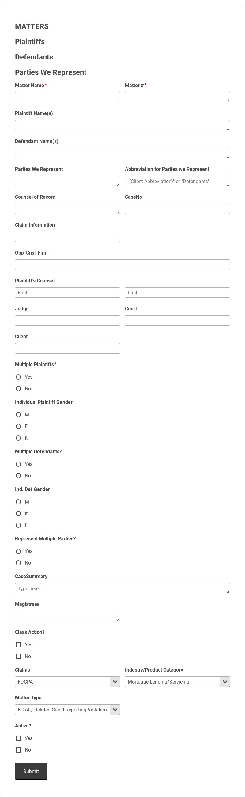 New Matter Form Template