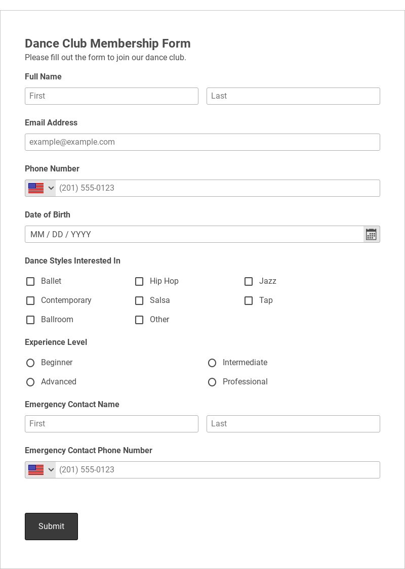 Dance Club Membership Form Template form template