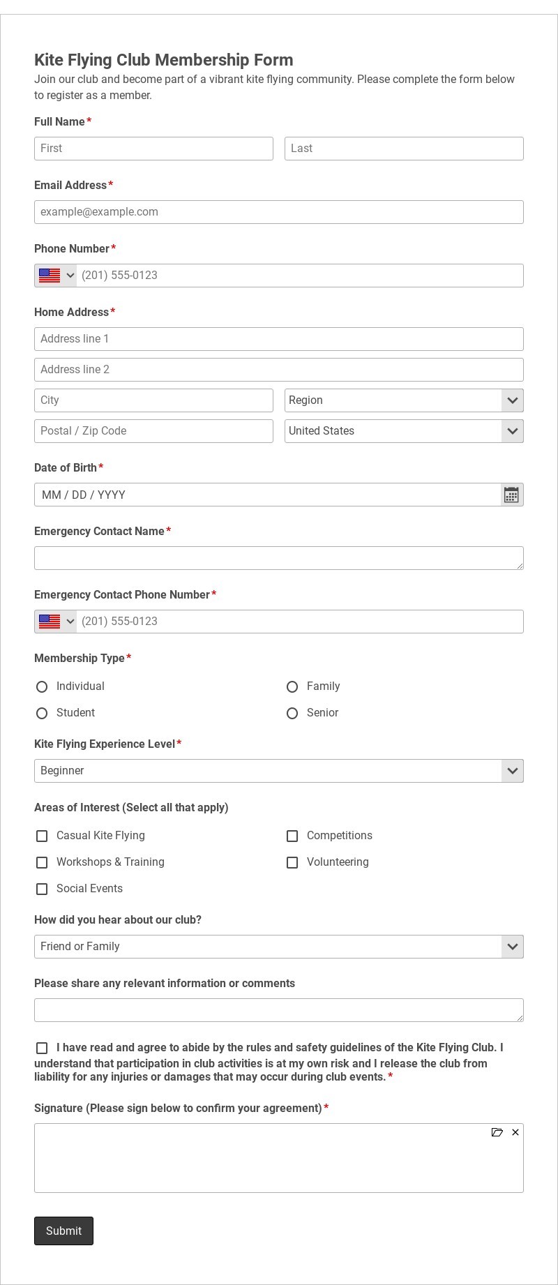 Kite Flying Club Membership Form Template form template