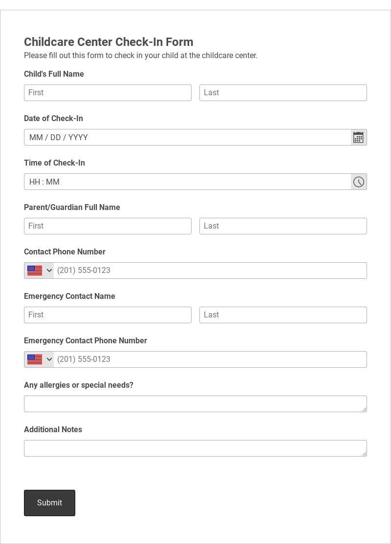 Childcare Center Check-In Form Template form template