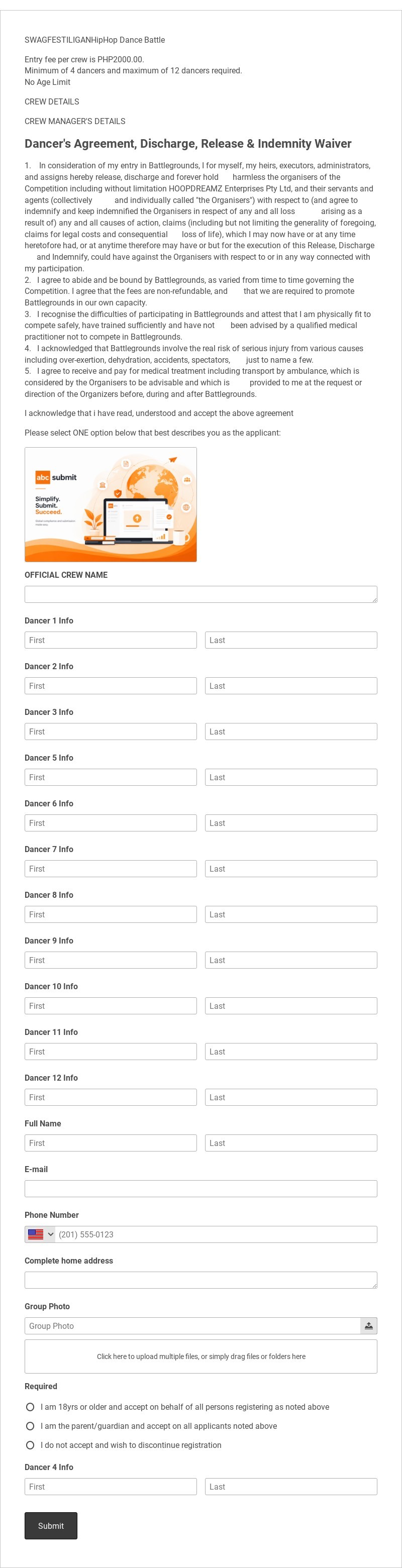Hiphop Dance Registration Form Template form template