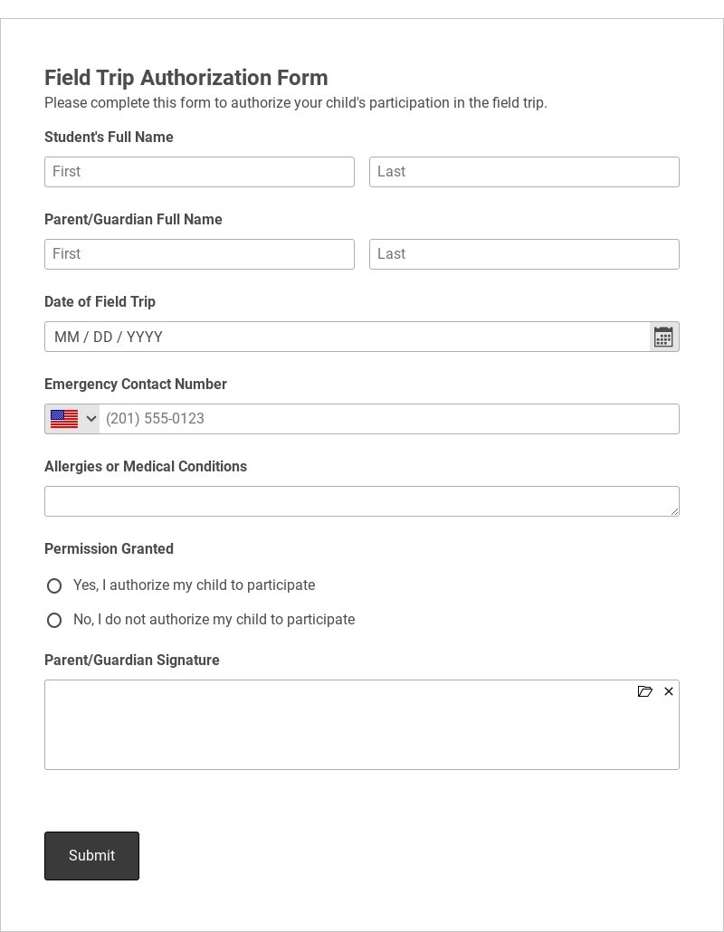 Field Trip Authorization Form Template form template
