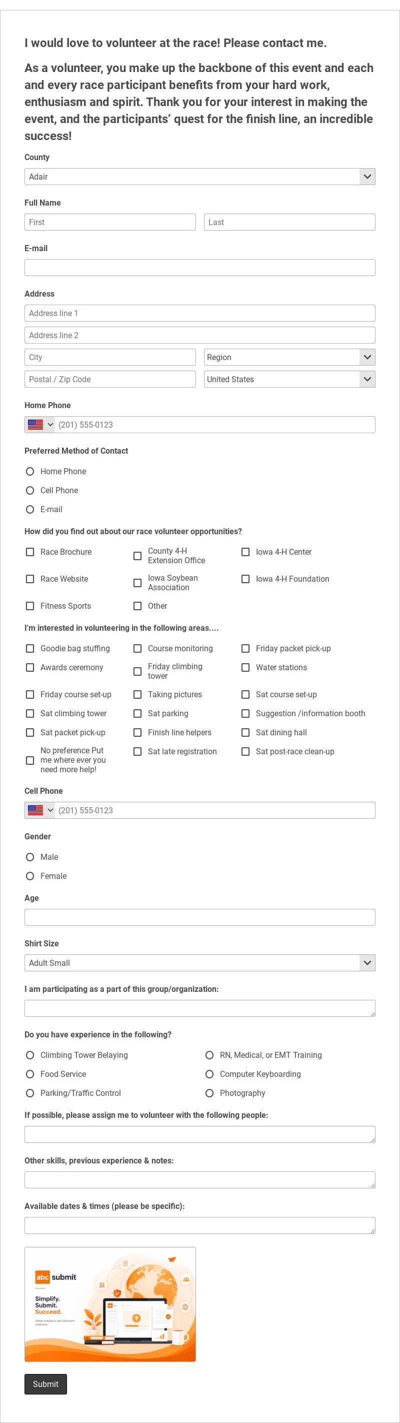 Volunteer Form for Race Event Template