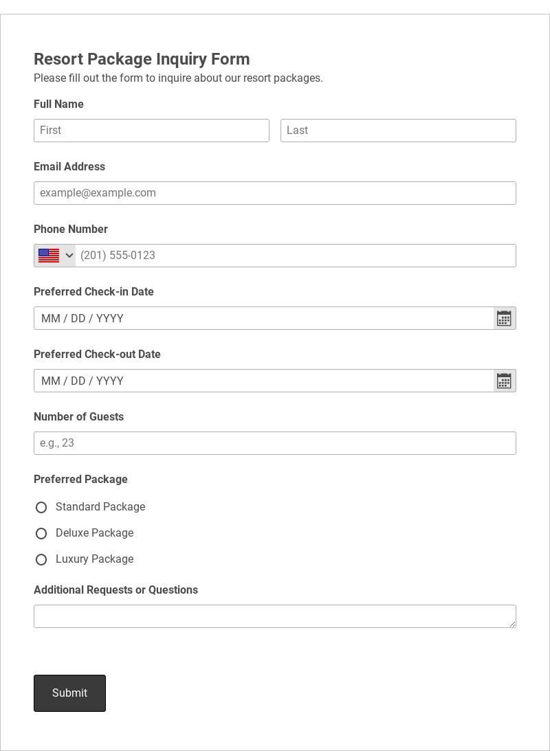 Resort Package Inquiry Form Template form template