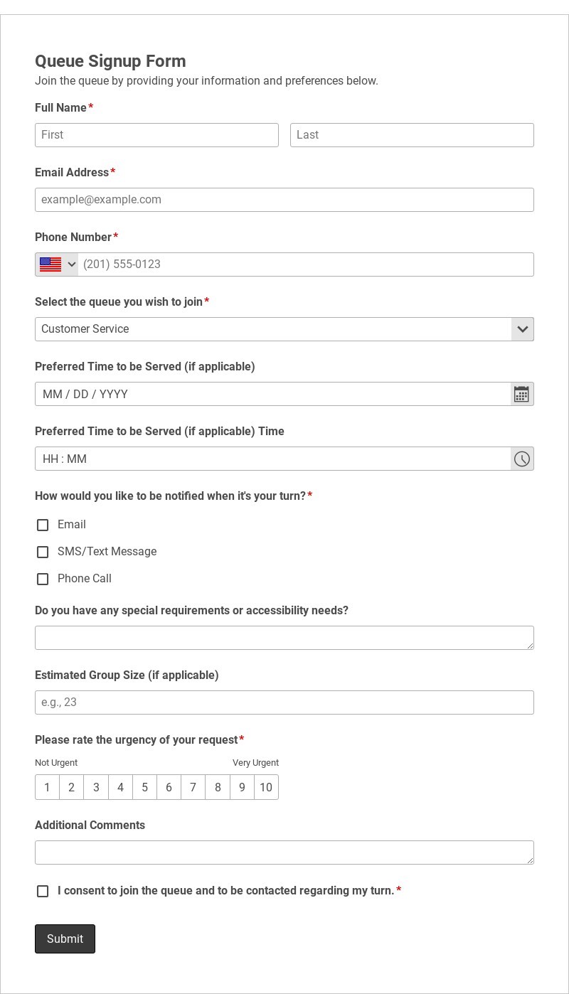 Queue Signup Form Template form template
