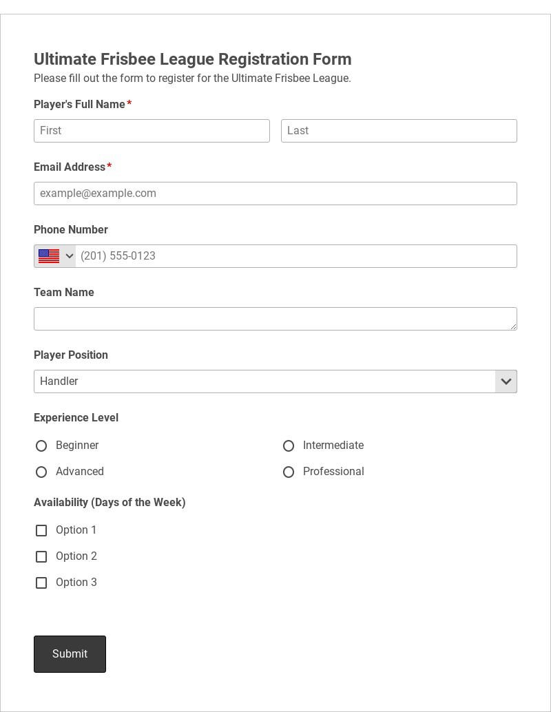 Ultimate Frisbee League Registration Form Template form template
