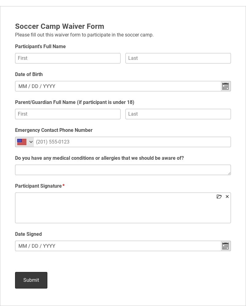 Soccer Camp Waiver Form Template form template
