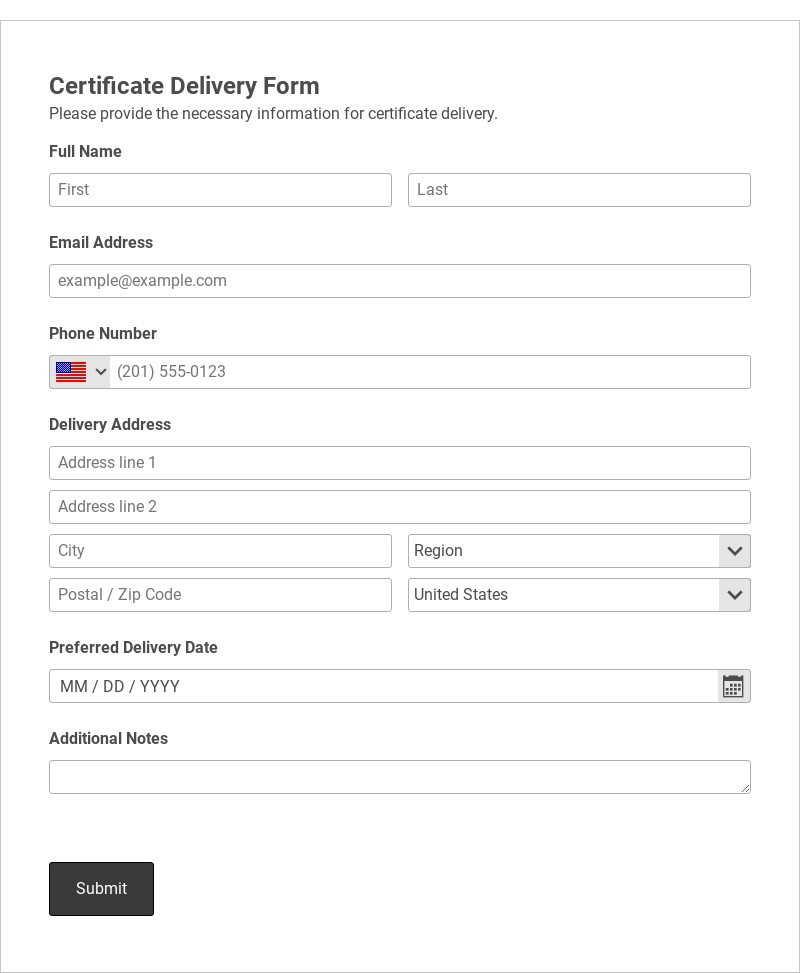 Certificate Delivery Form Template form template