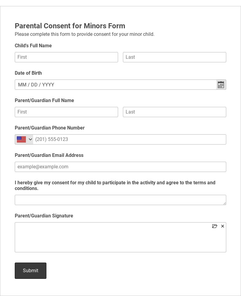 Parental Consent for Minors Form Template