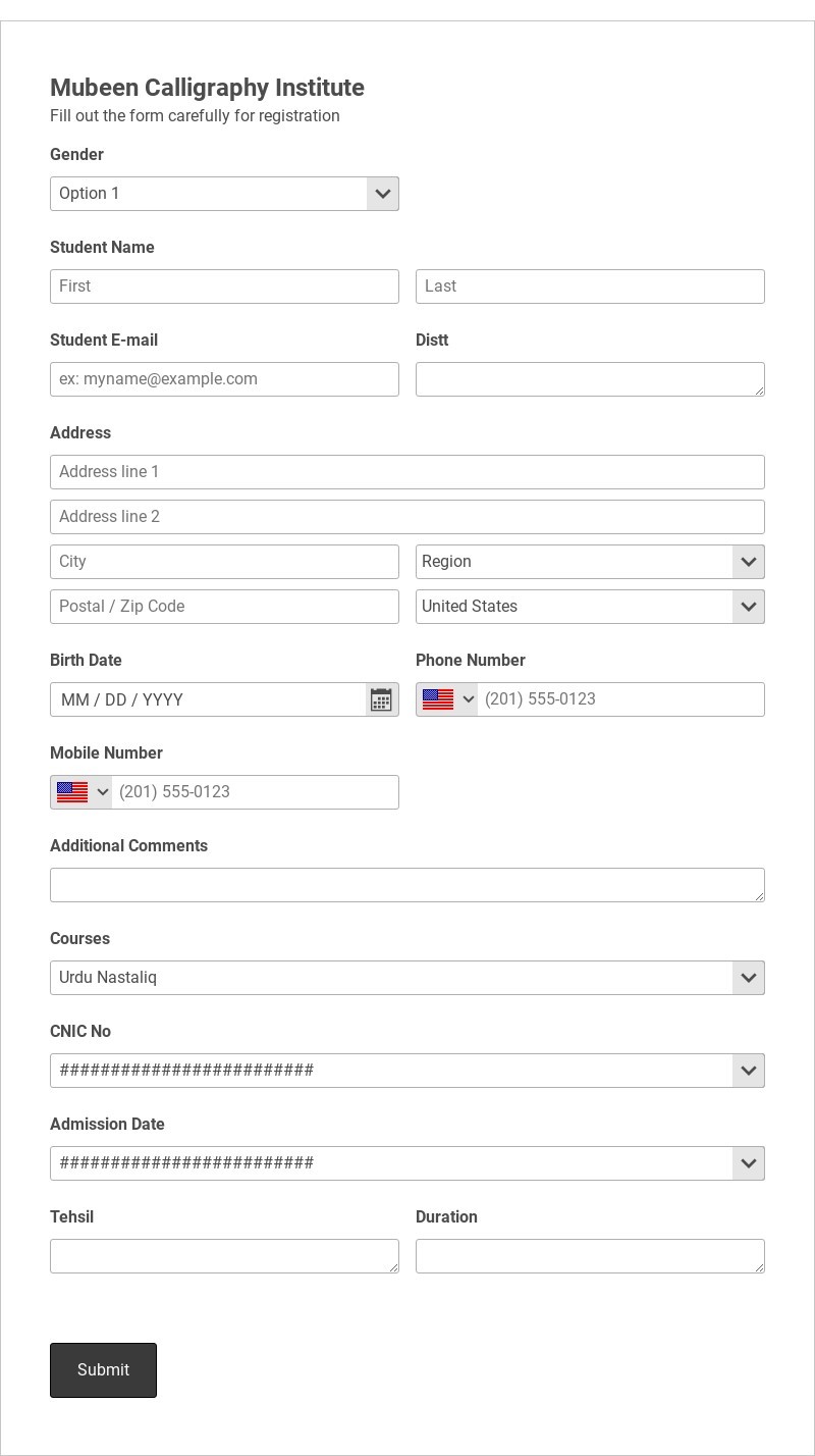Calligraphy Registration Form Template form template