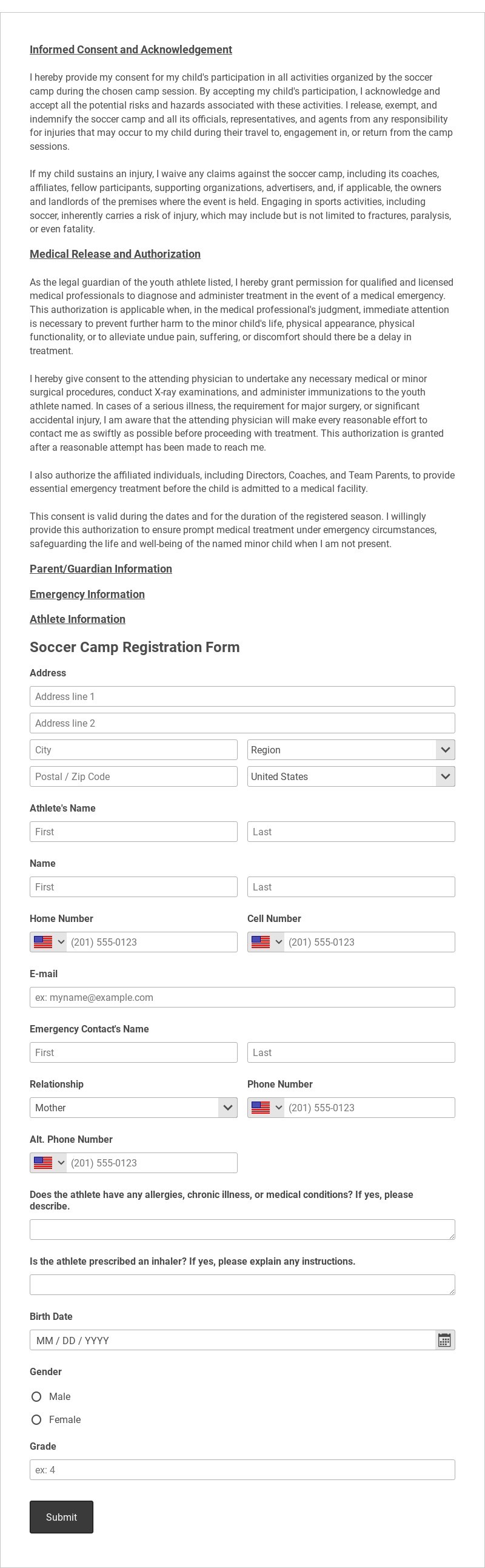 Soccer Camp Registration Form Template