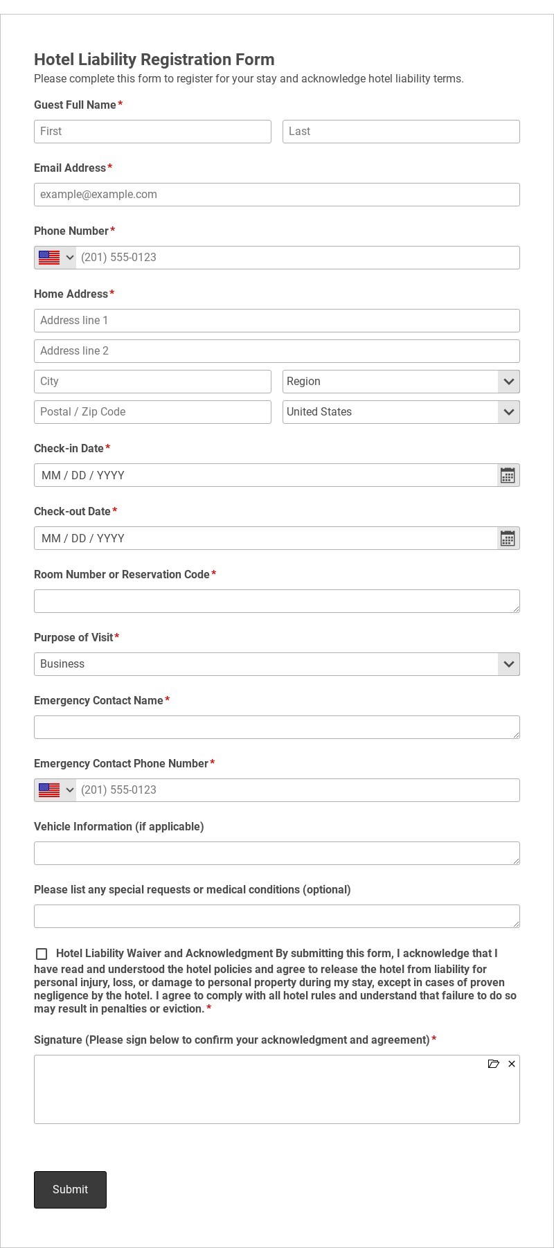 Hotel Liability Registration Form Template form template