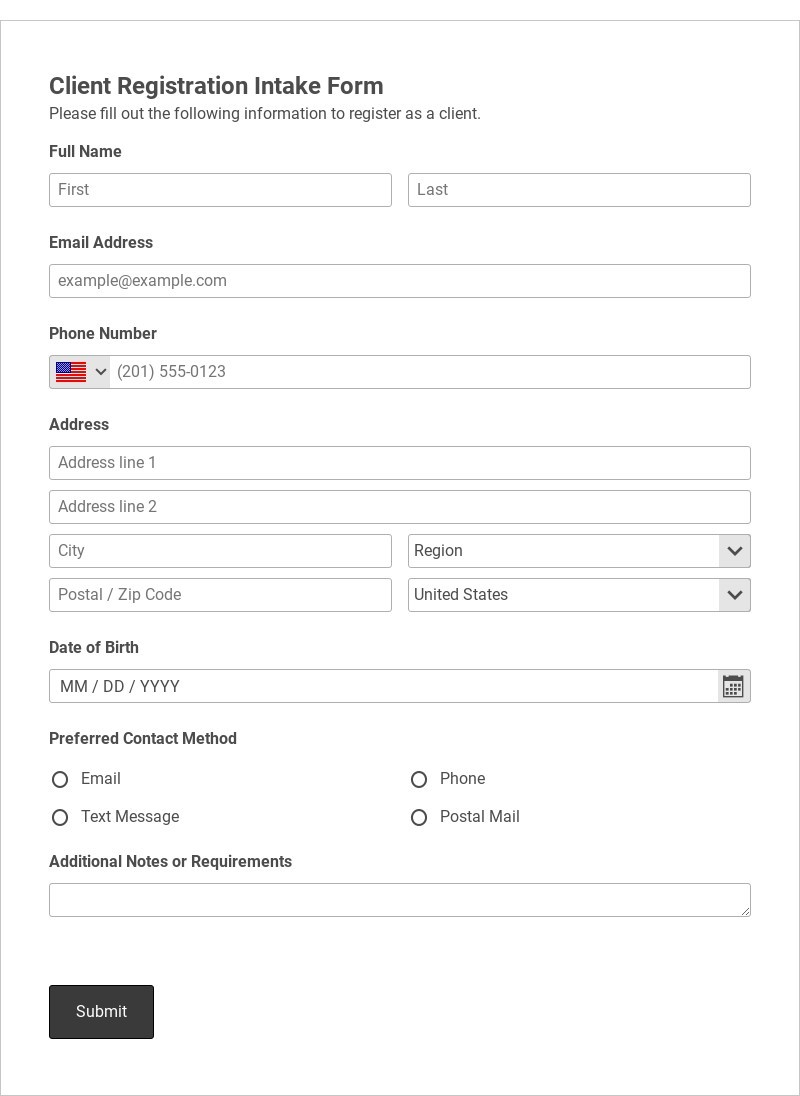 Client Registration Intake Form Template form template