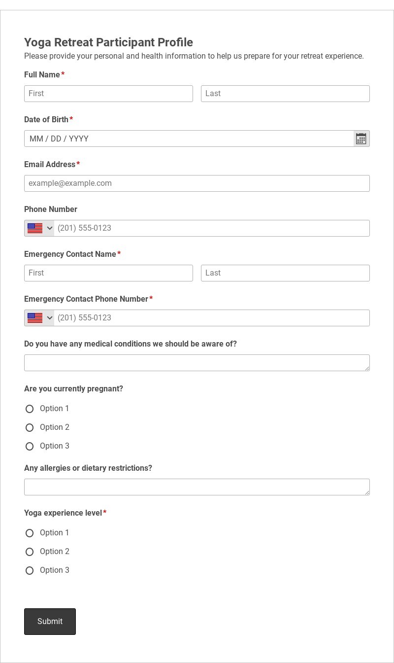 Yoga Retreat Participant Profile Template form template