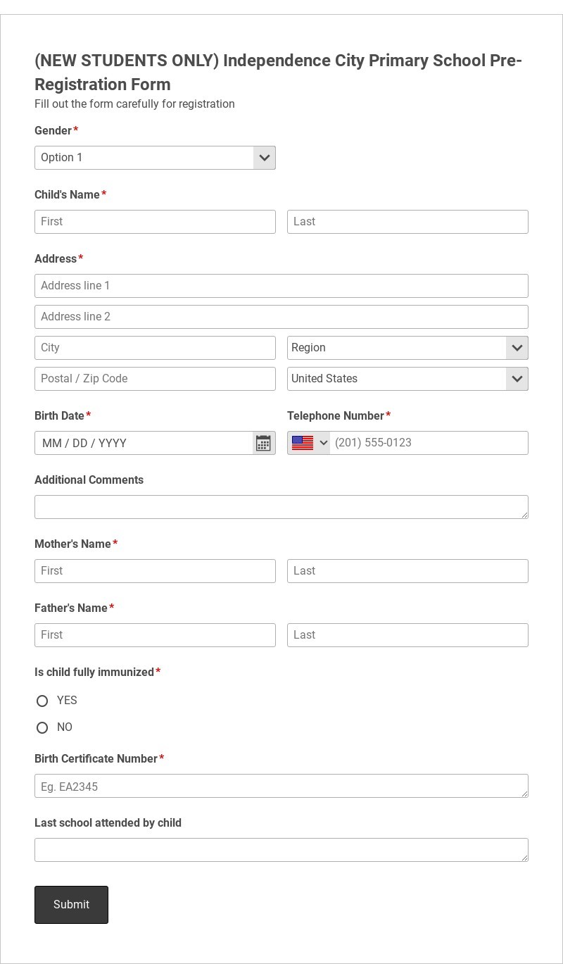 Primary School Pre-Registration Template form template