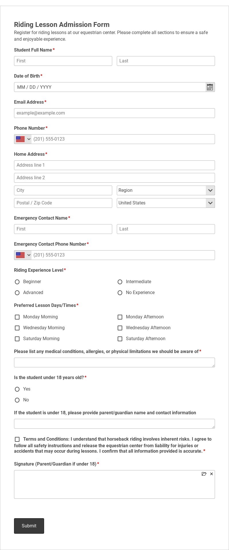 Riding Lesson Admission Form Template form template