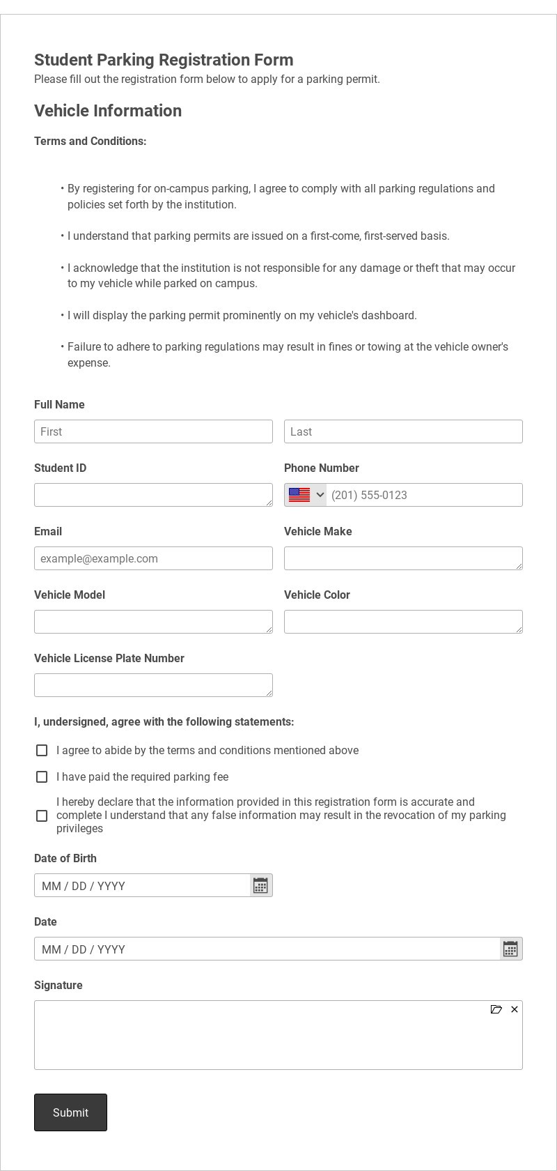 Student Parking Registration Form Template