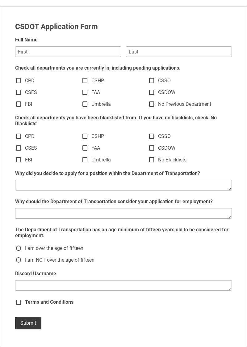CSDOT Application Form Template form template