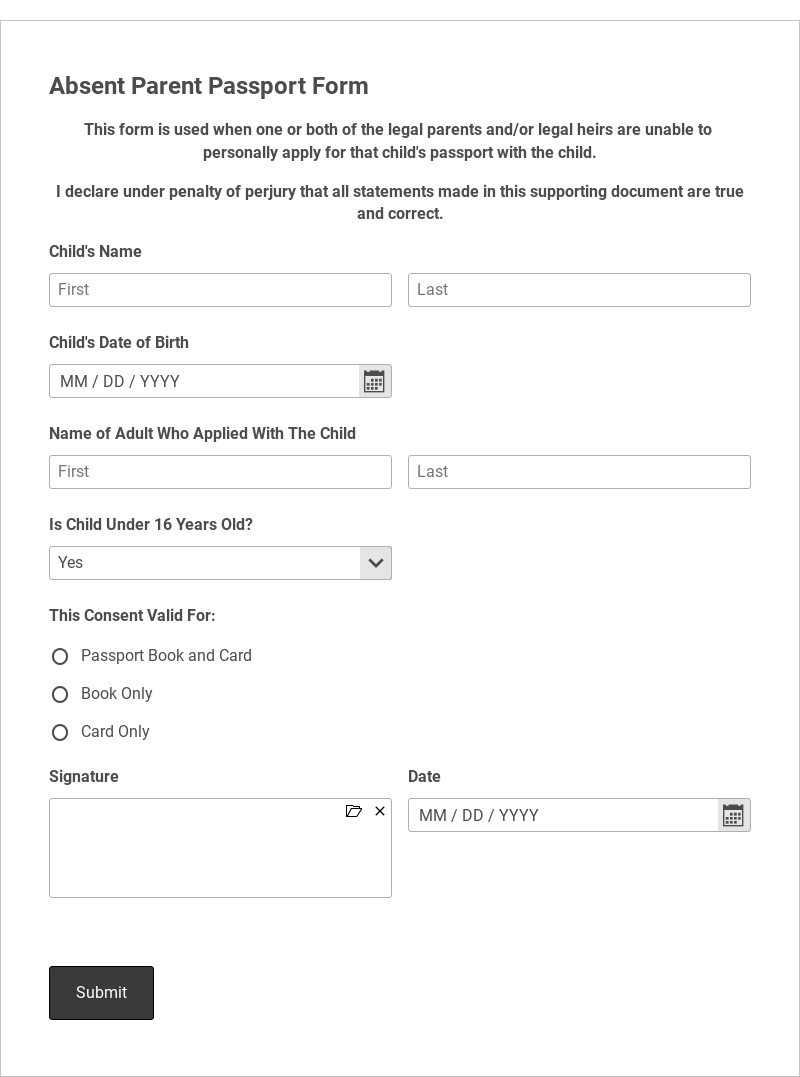 Absent Parent Passport Form Template form template