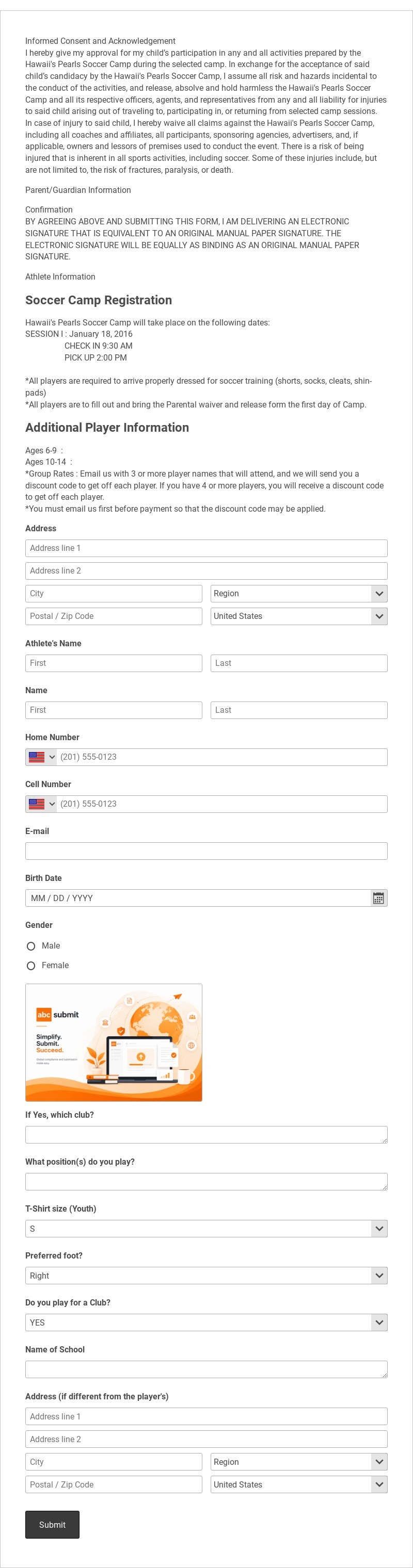 Youth Soccer Camp Registration Form Template form template