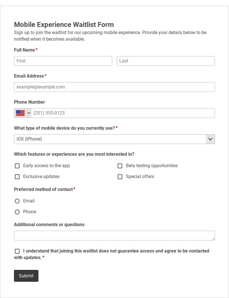 Mobile Experience Waitlist Form Template form template