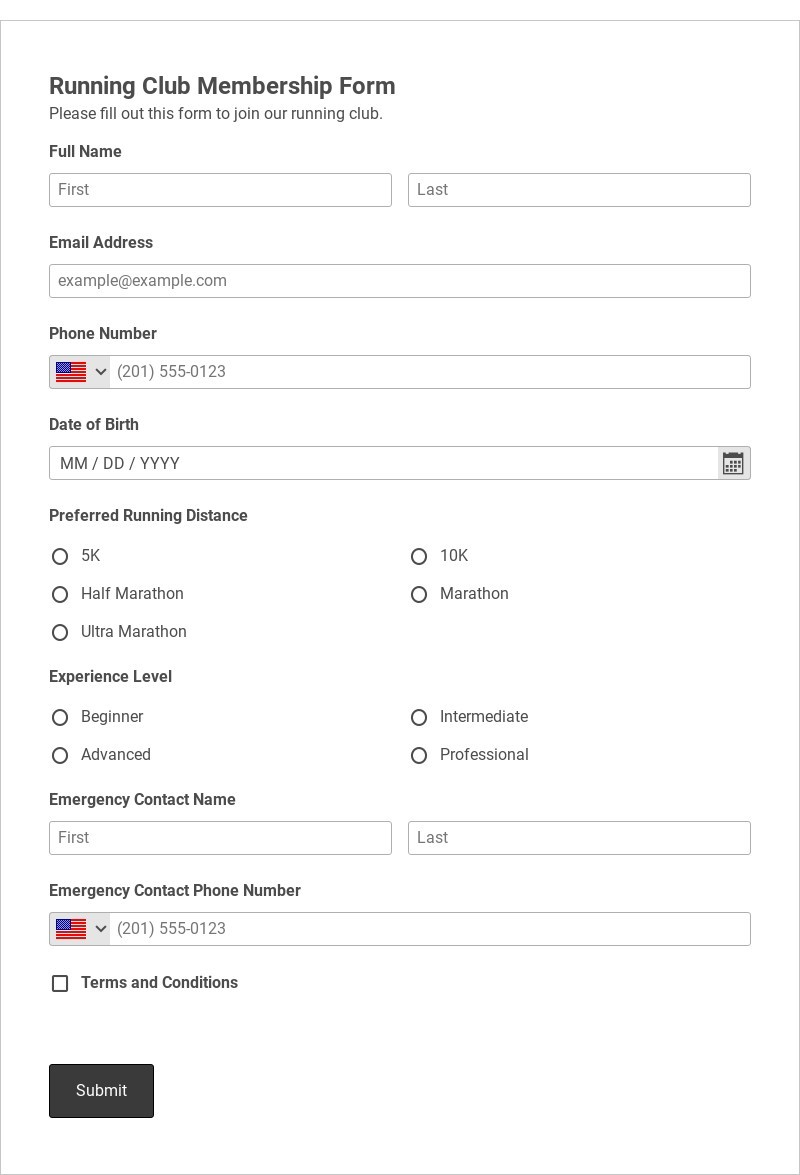Running Club Membership Form Template form template