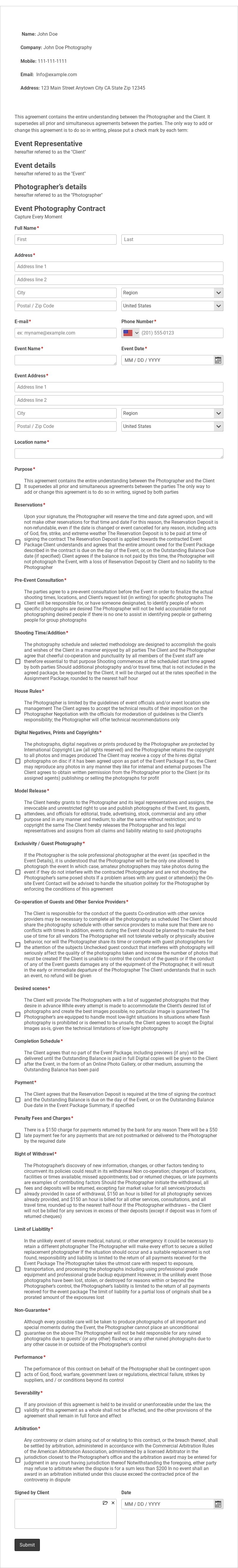 Event Photography Contract Template form template