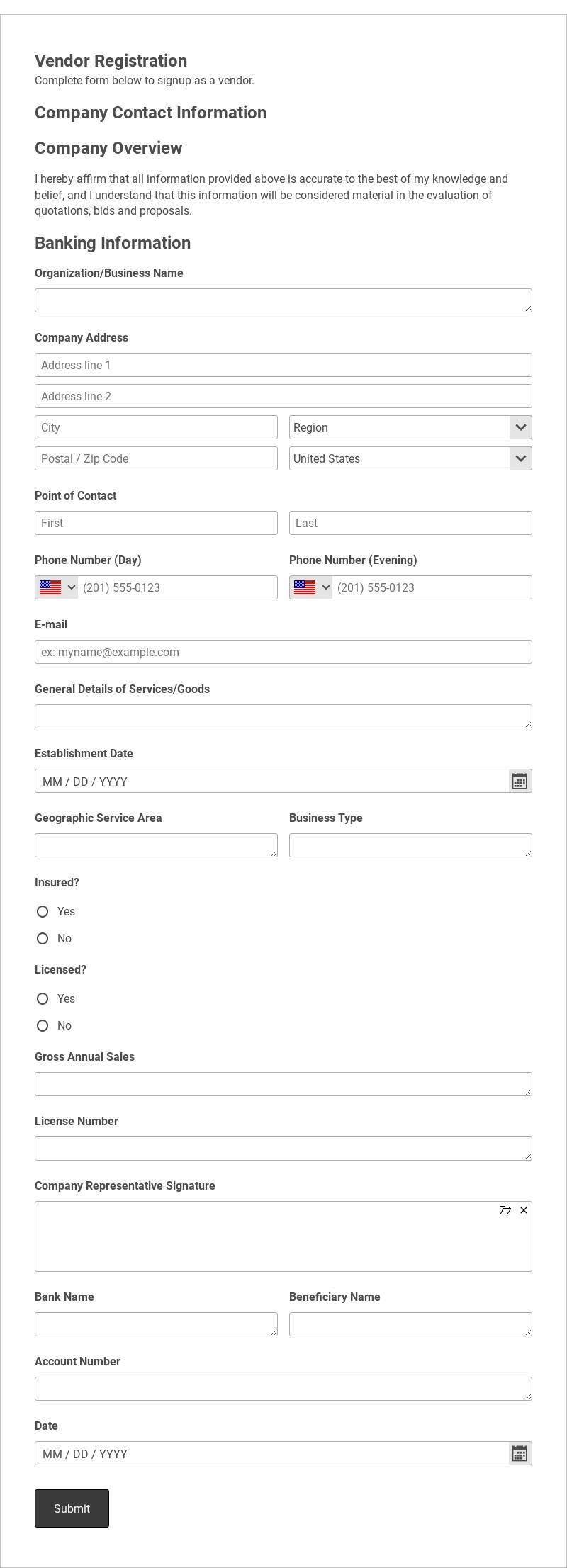 Vendor Registration Form Template form template