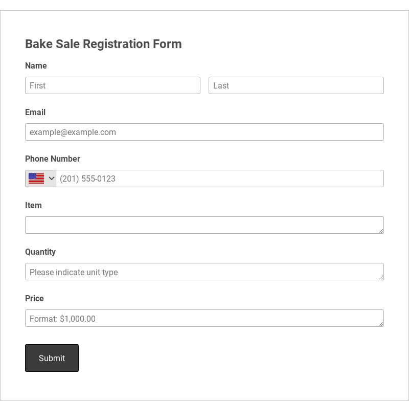 Bake Sale Registration Form Template form template