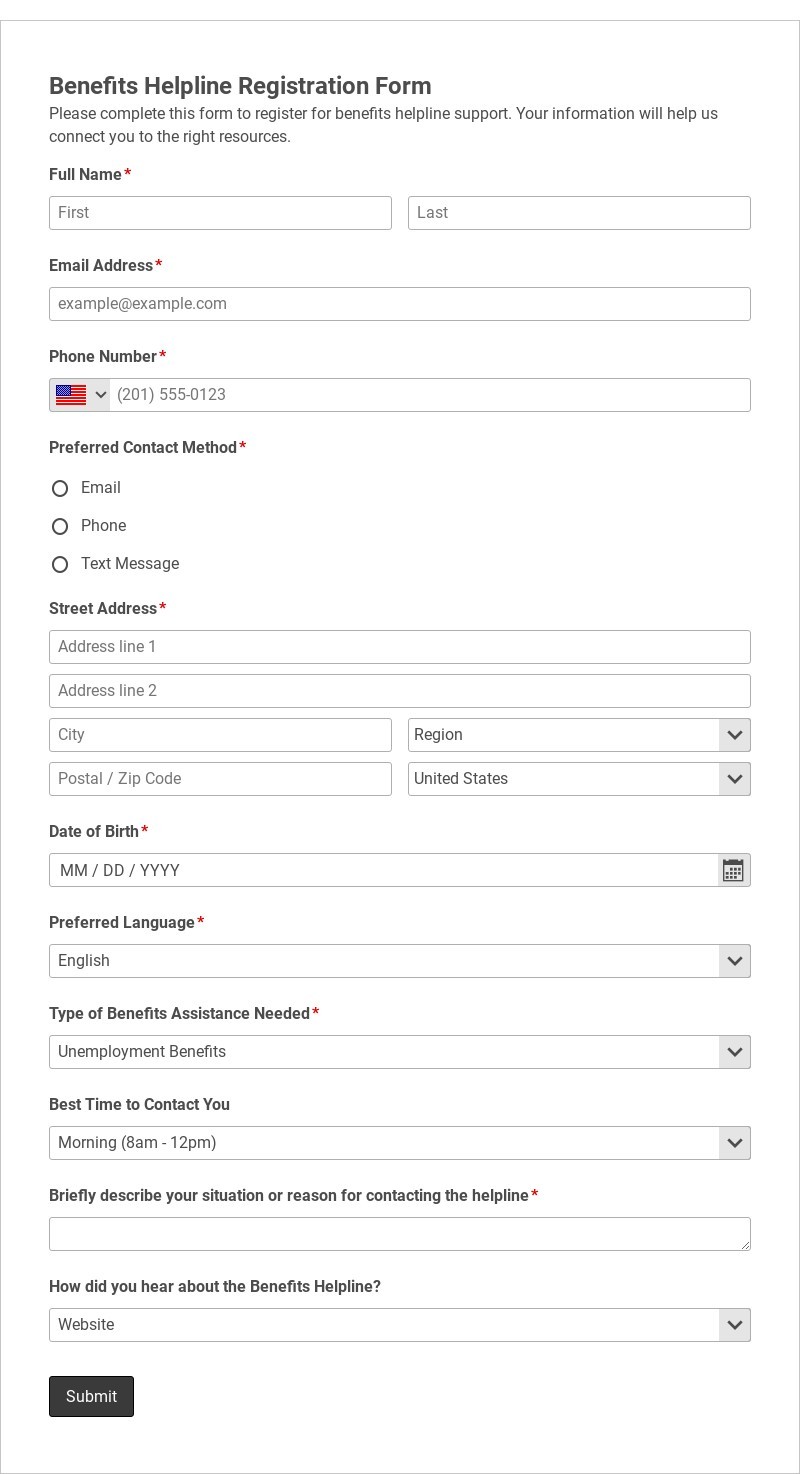 Benefits Helpline Registration Form Template form template
