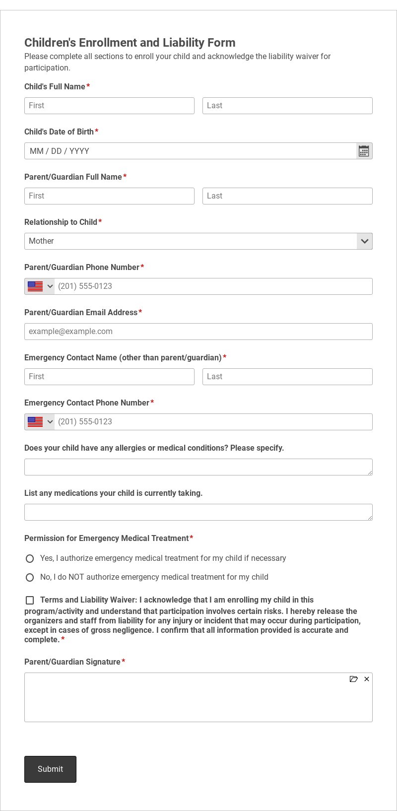 Children's Enrollment and Liability Form Template form template