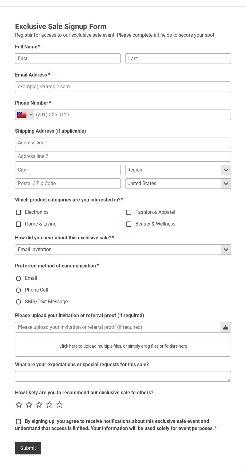 Exclusive Sale Signup Form Template form template