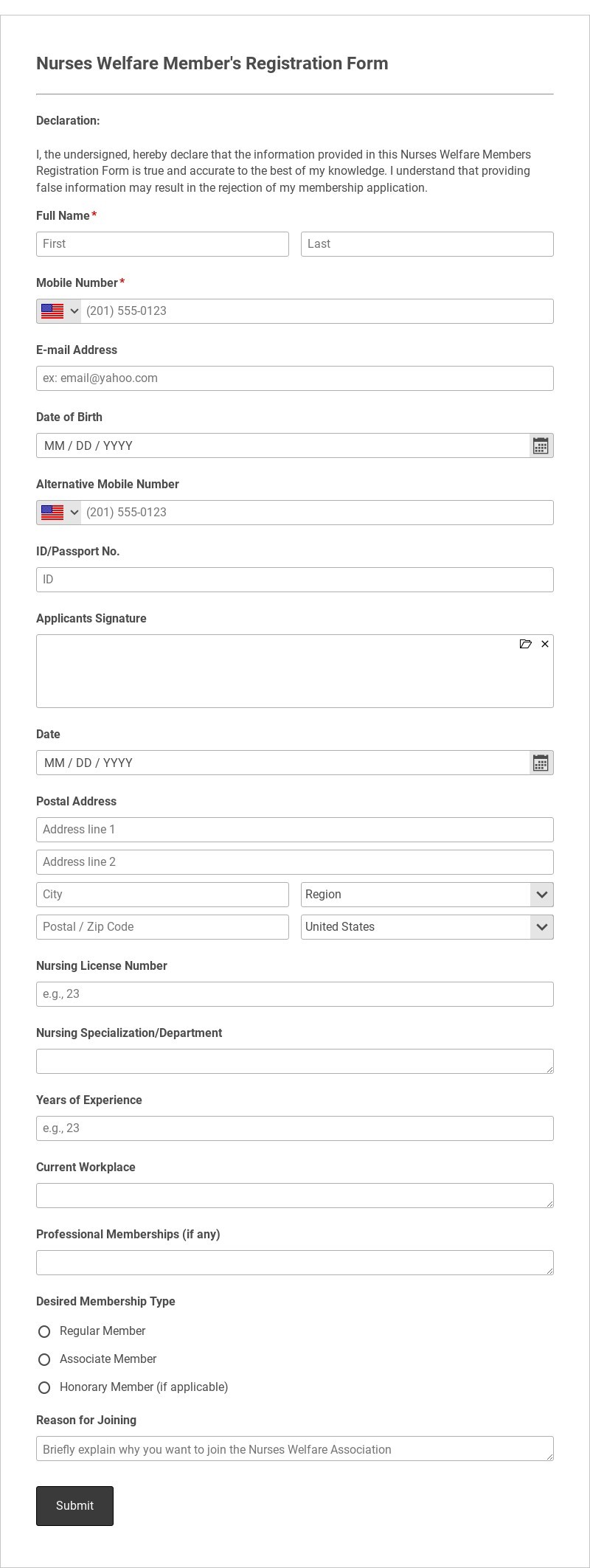 Nurses Welfare Member's Registration Form Template form template