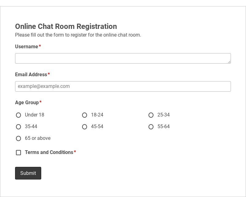 Online Chat Room Registration Form Template form template