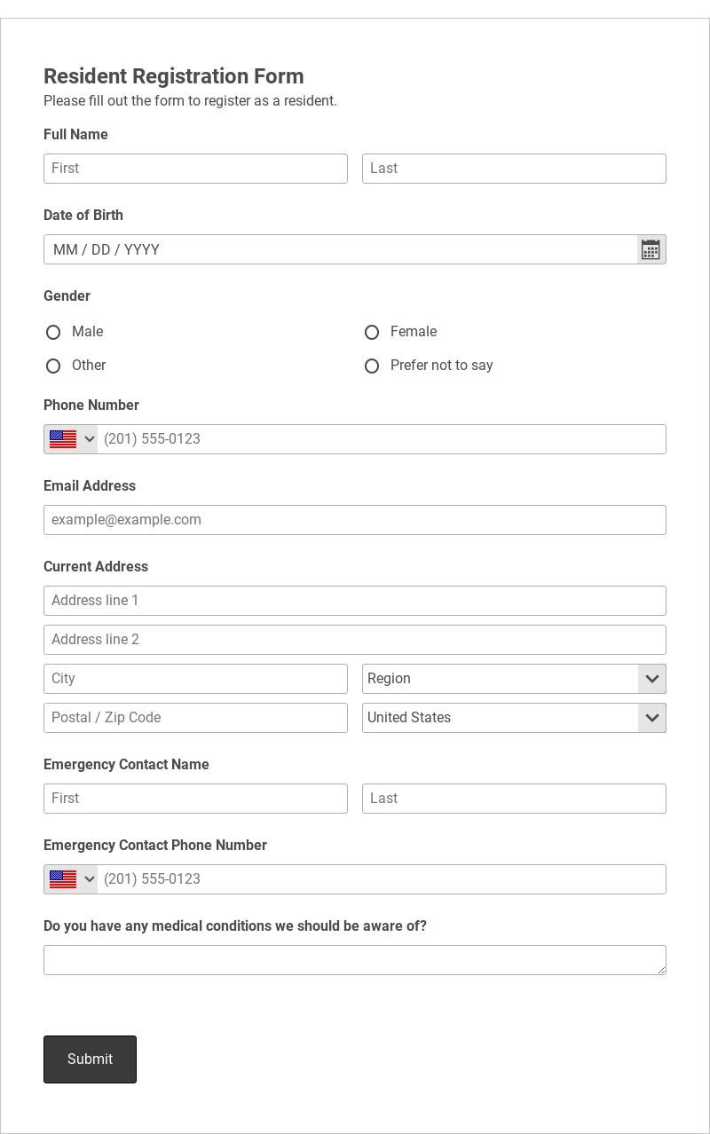 Resident Registration Form Template form template
