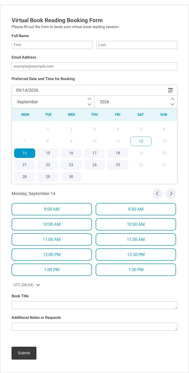 Virtual Book Reading Booking Form Template form template