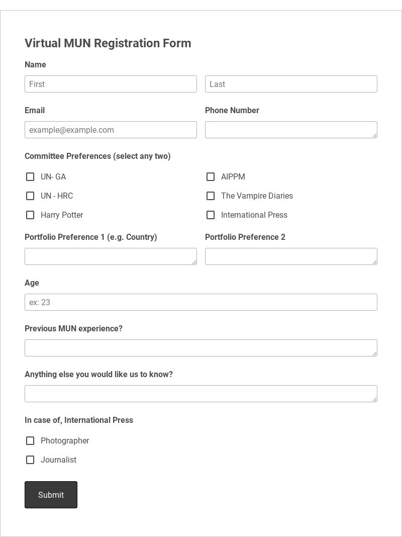 Virtual MUN Registration Form Template form template