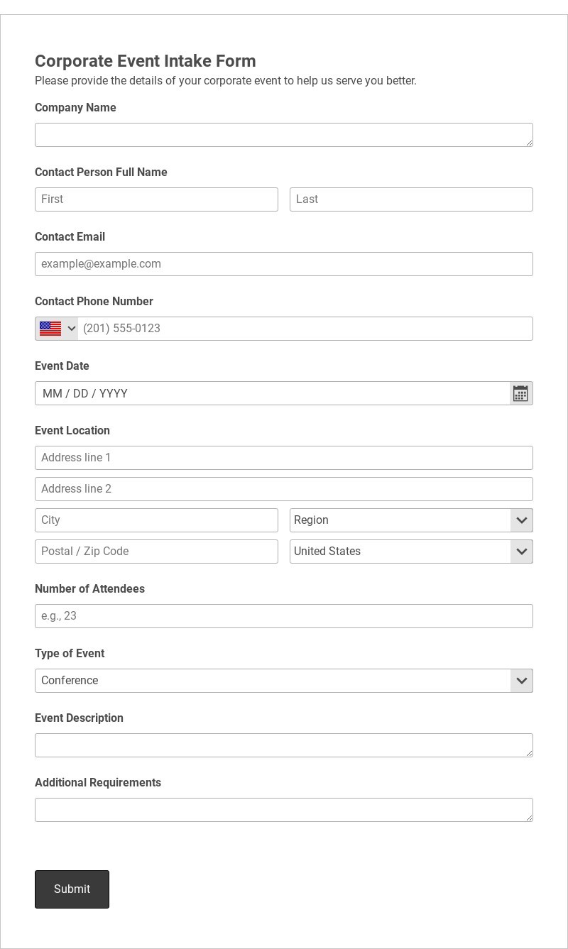 Corporate Event Intake Form Template form template