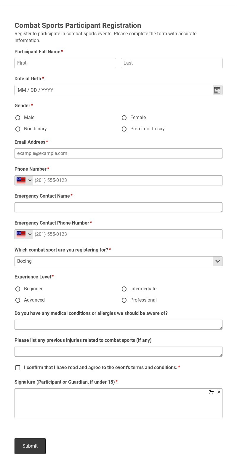 Combat Sports Participant Registration Template form template