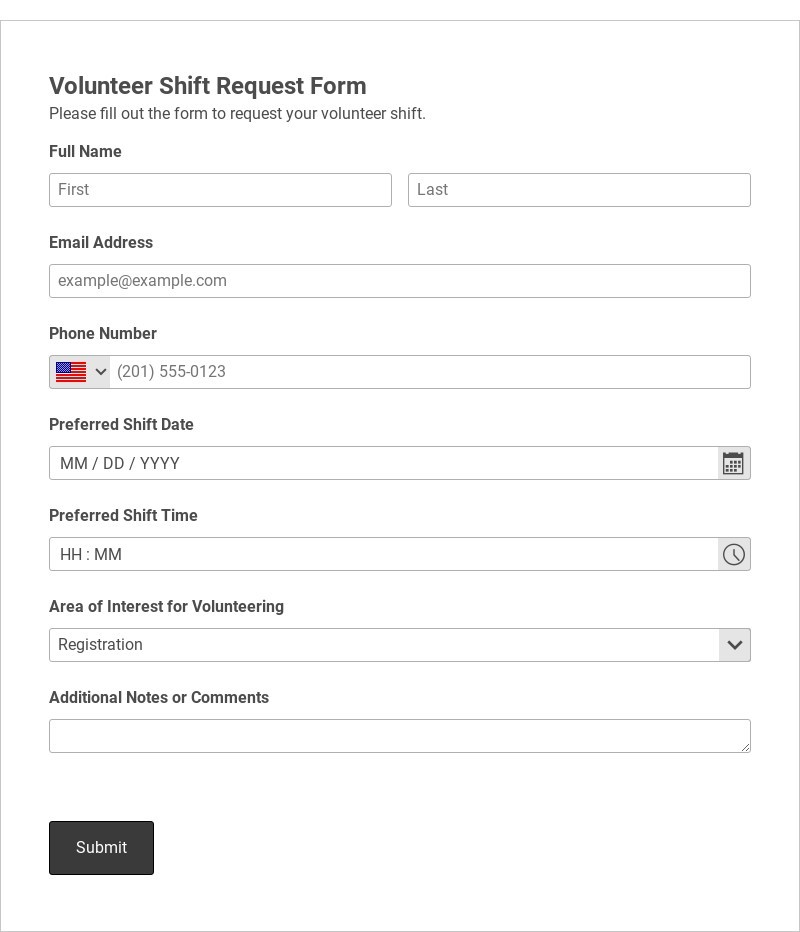 Volunteer Shift Request Form Template form template