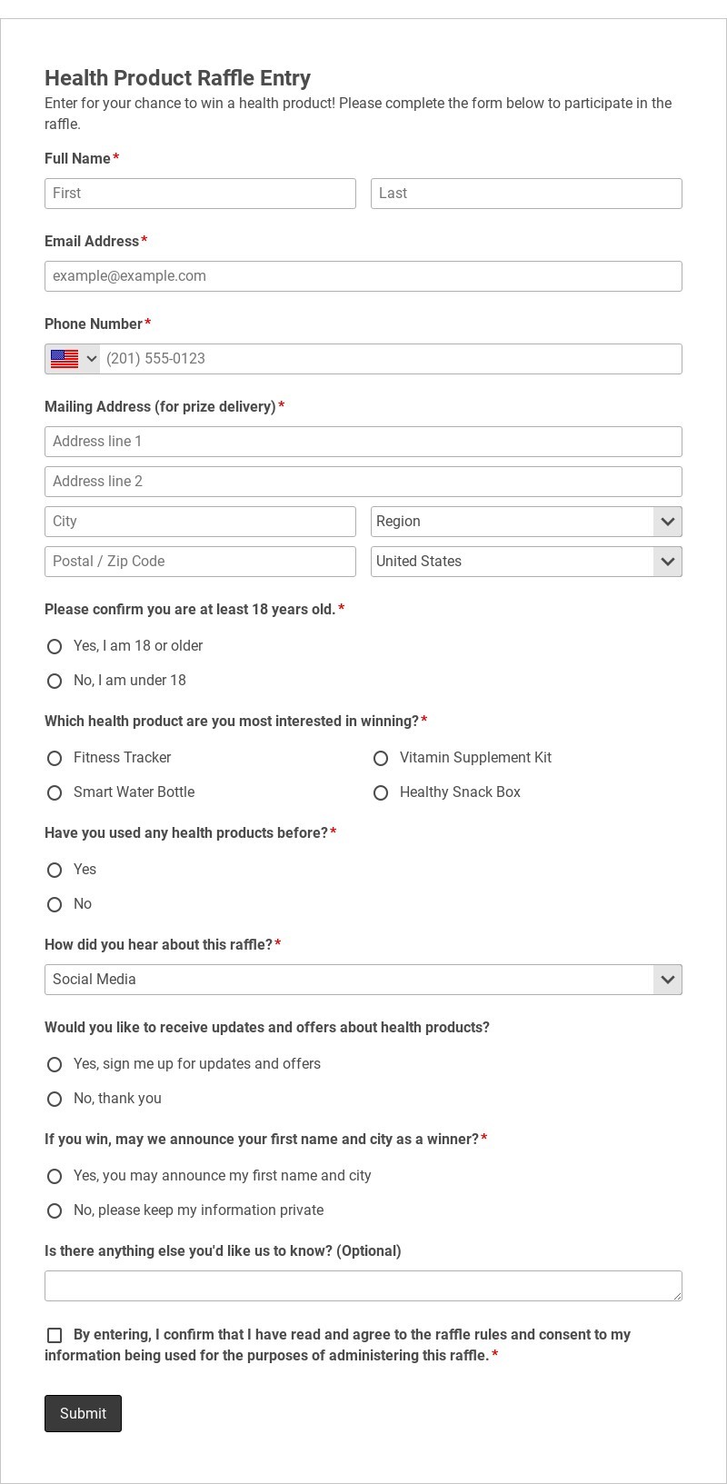 Health Product Raffle Entry Template form template