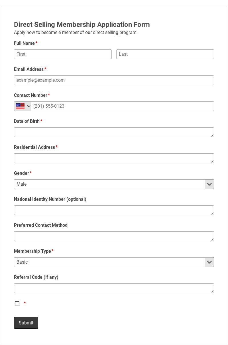 Direct Selling Membership Application Form Template form template