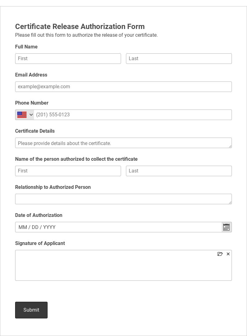 Certificate Release Authorization Form Template form template