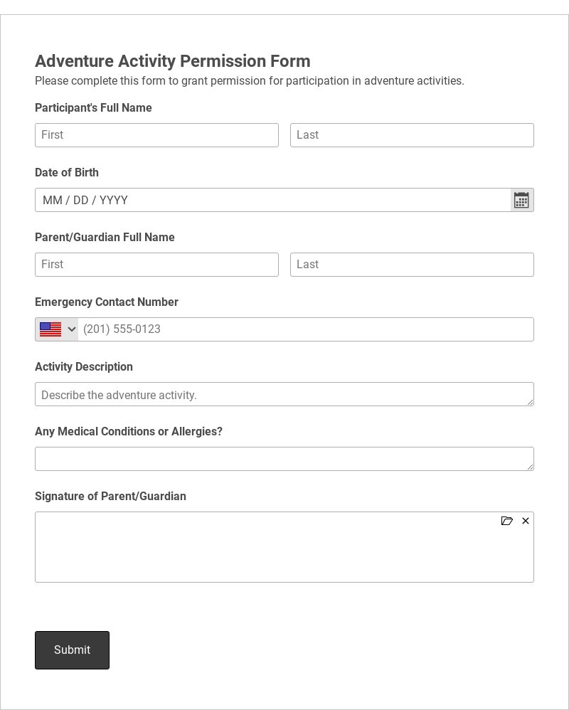 Adventure Activity Permission Form Template form template