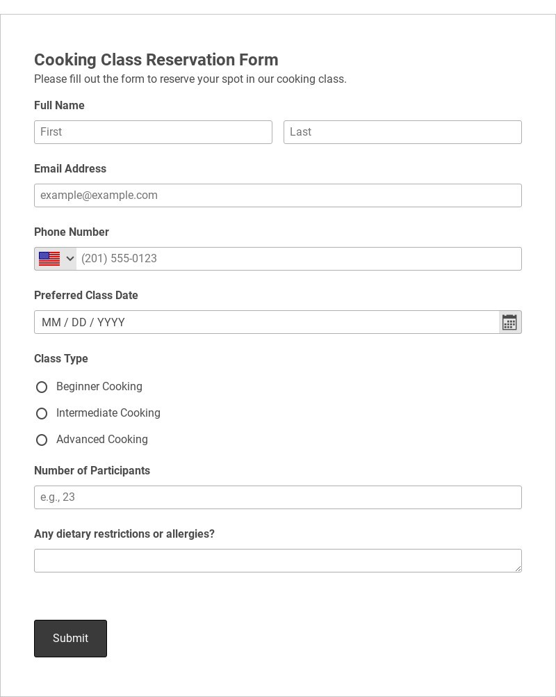 Cooking Class Reservation Form Template form template