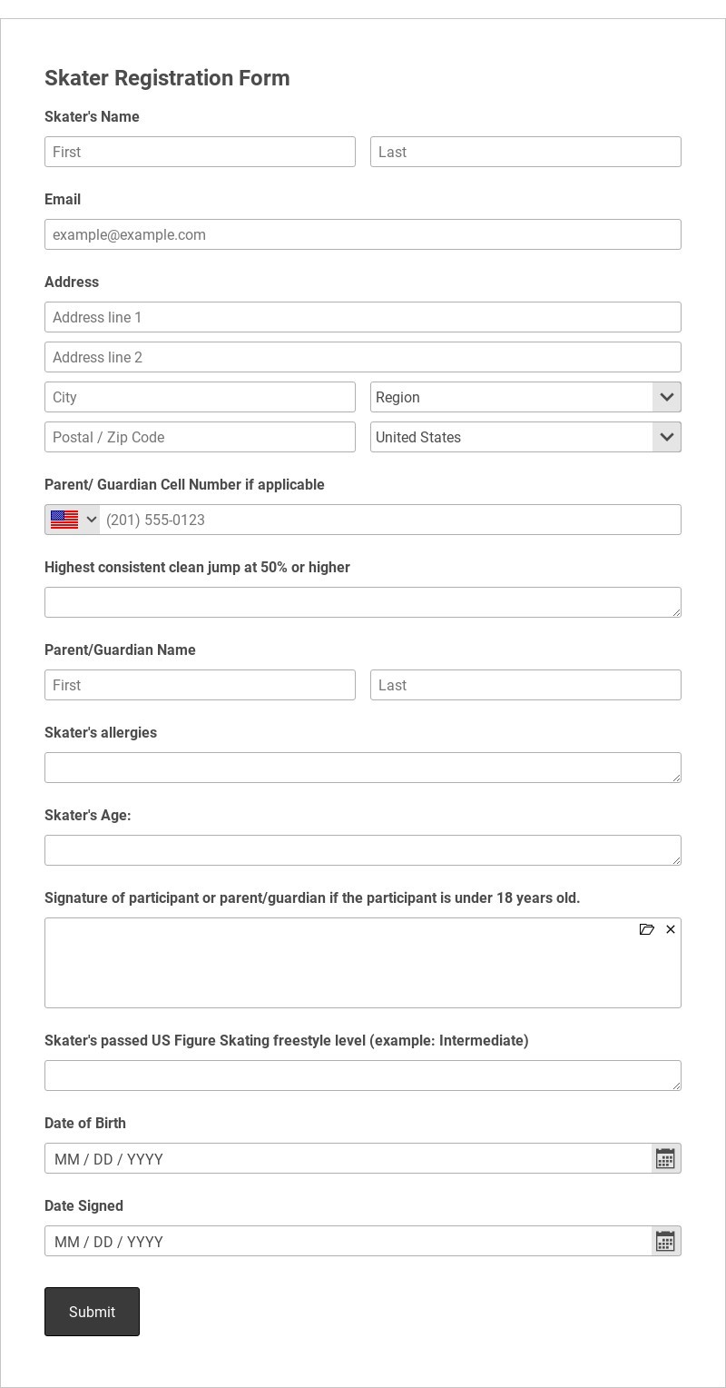 Skater Registration Form Template form template